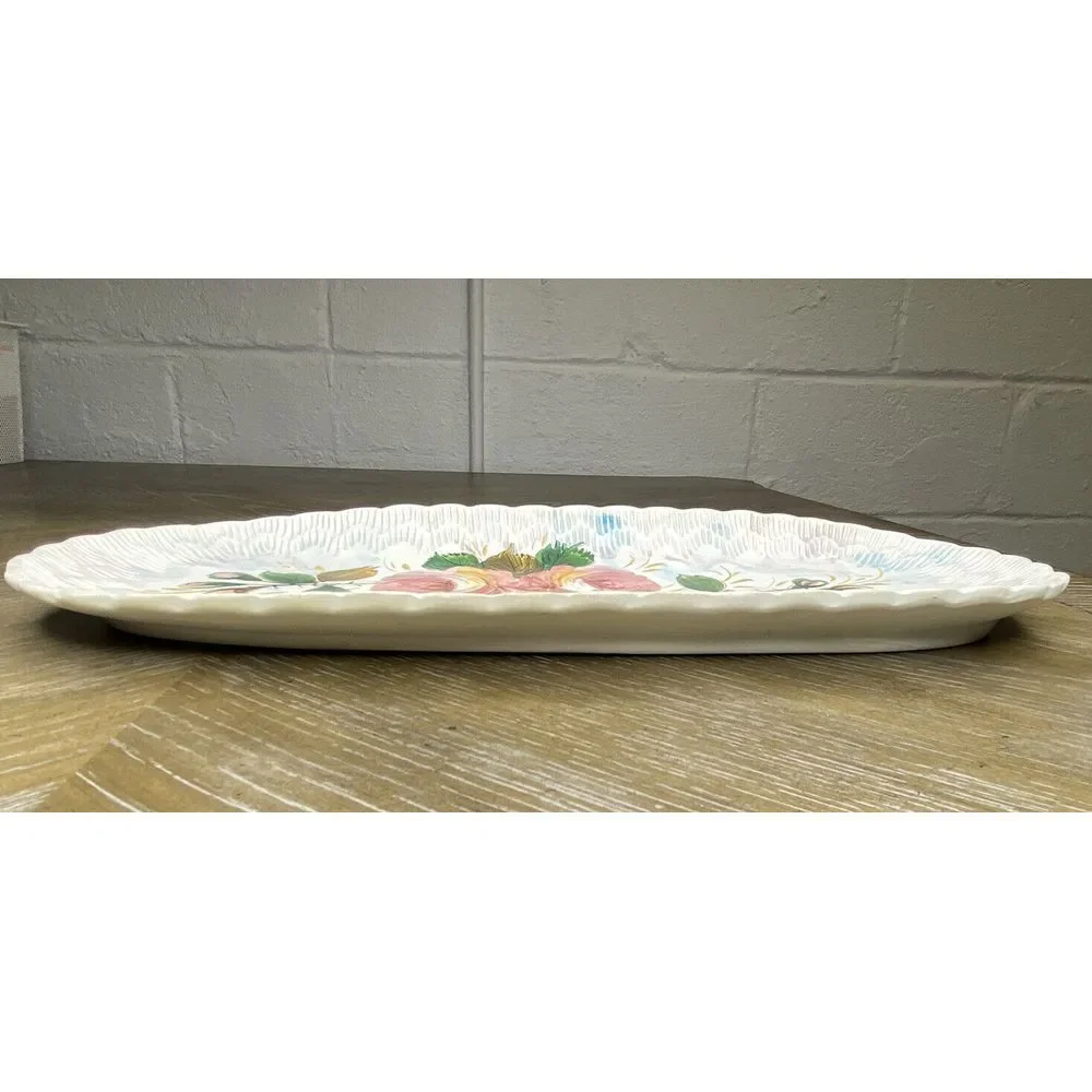Vintage Italy Rose Painted Tray Ceramic Serving Dish Oblong Textured Cottagecore